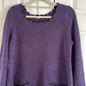 RIVER Women's Eggplant Colored Loop Stitch Sweater w/ Black Crocheted Edging- L